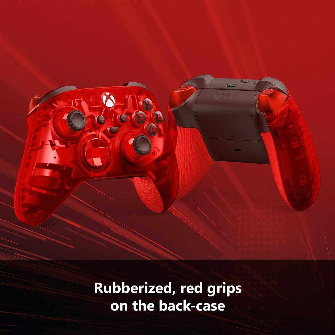 Rubberized red grips on the back of a gaming controller for Xbox Series X.