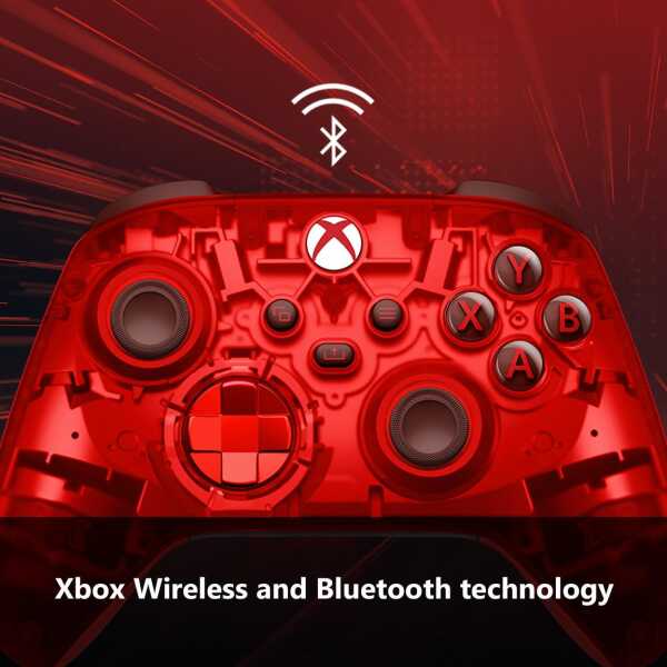Red Xbox Series X wireless controller with Bluetooth and wireless icons.