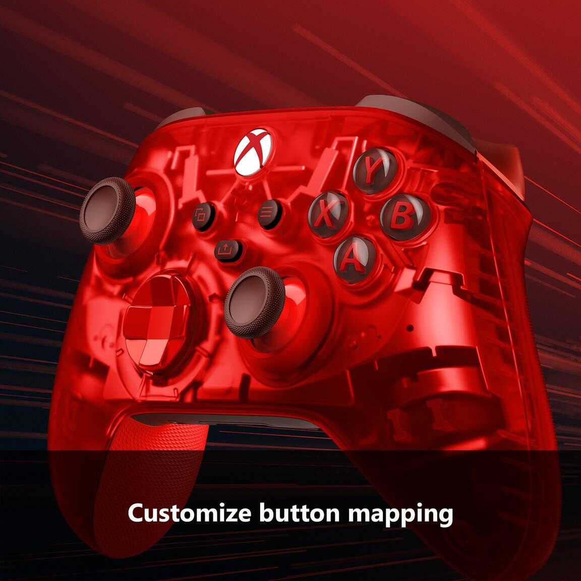 Red Xbox Series X wireless controller with transparent design and customizable buttons.
