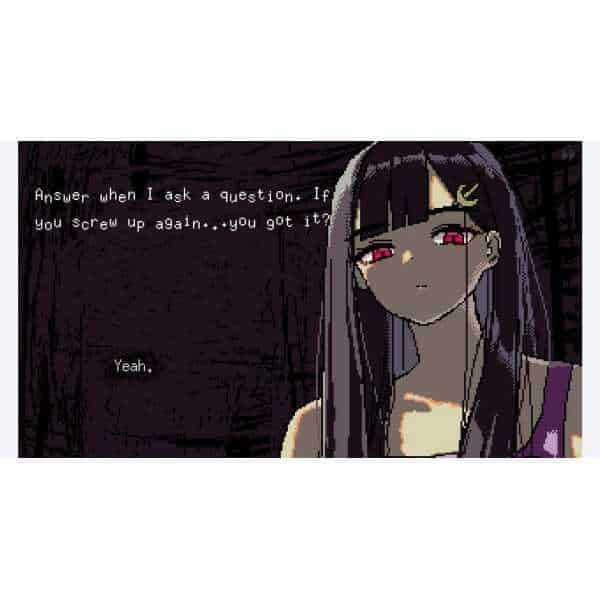A dark anime-style character with purple hair and red eyes, representing gaming or digital art theme.