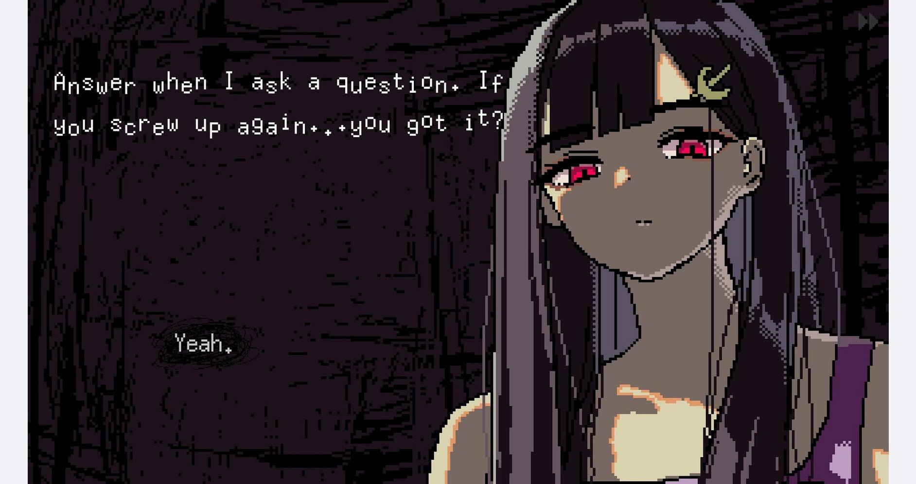 A dark anime-style character with purple hair and red eyes, representing gaming or digital art theme.