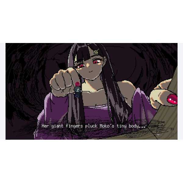 Dark anime-style character with long black hair and red eyes holding a small figure, in a mysterious.