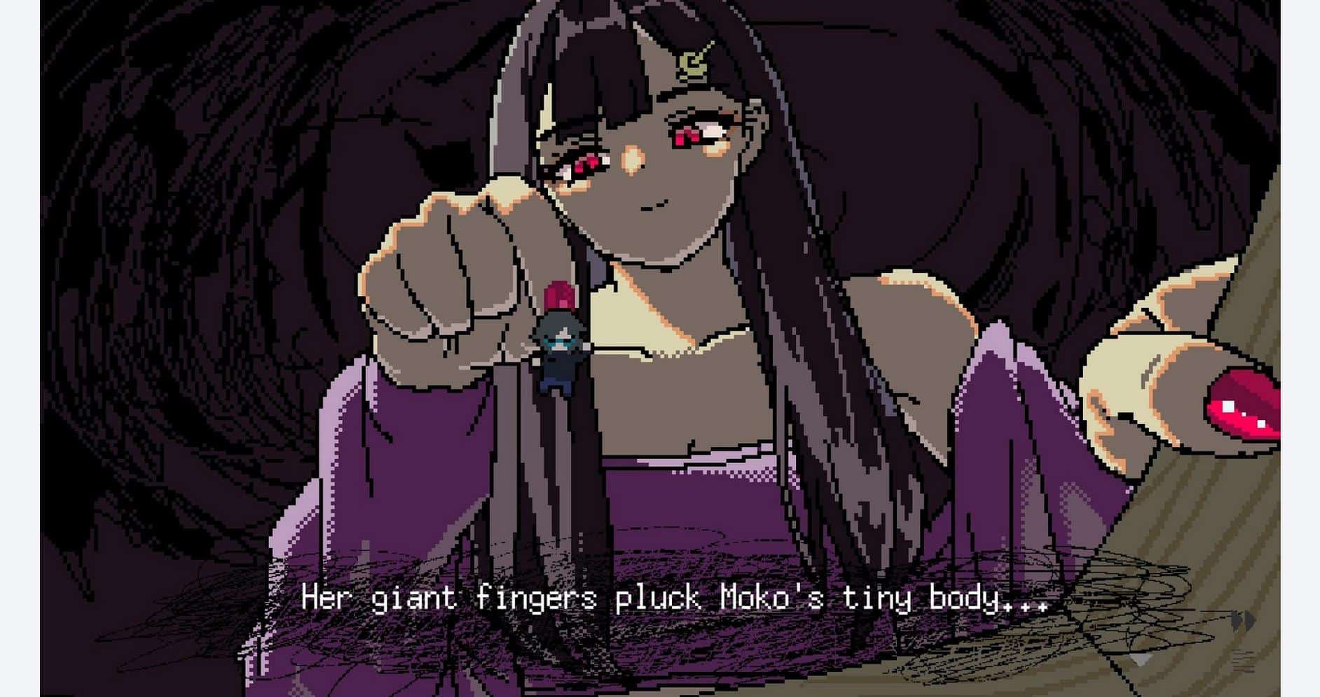 Dark anime-style character with long black hair and red eyes holding a small figure, in a mysterious.