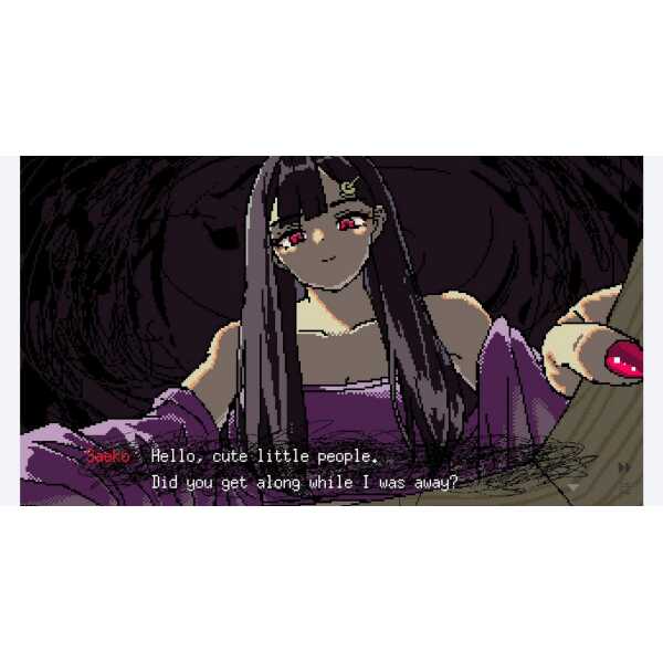 A dark anime-style character with long black hair and red eyes, wearing a purple outfit.