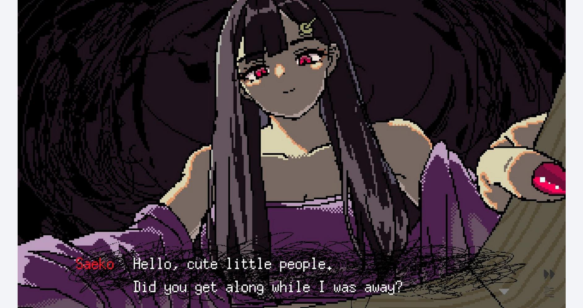 A dark anime-style character with long black hair and red eyes, wearing a purple outfit.
