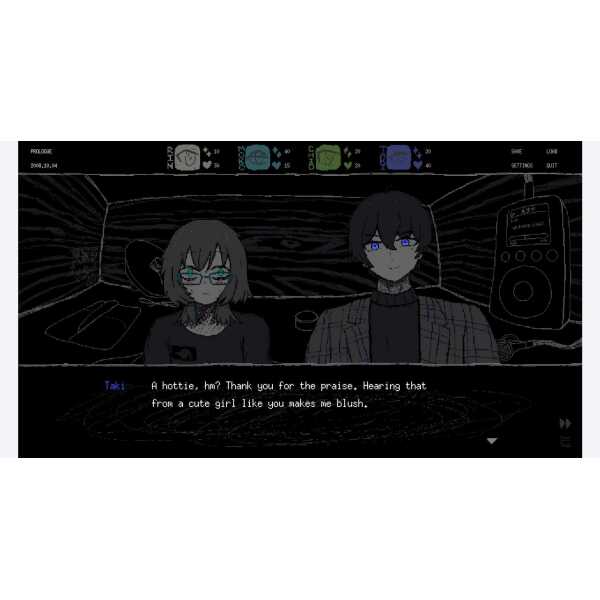 Anime-style characters in a dark room with digital background, gaming scene, and dialogue overlay.
