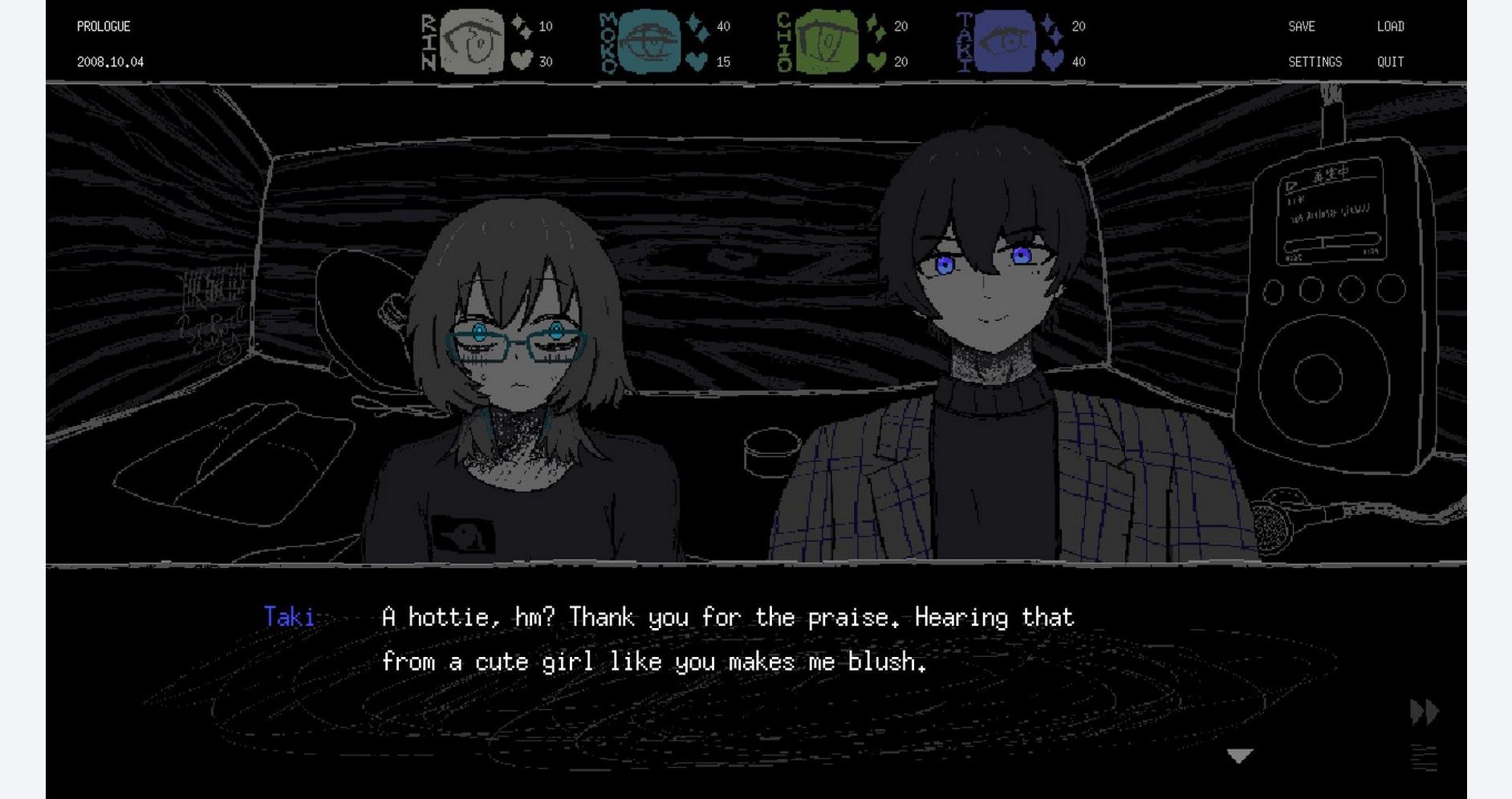 Anime-style characters in a dark room with digital background, gaming scene, and dialogue overlay.