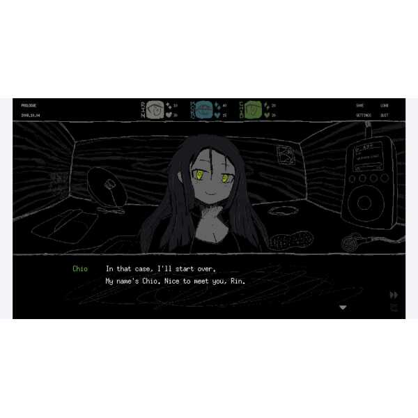 Virtual reality gaming character with green eyes in a dark room setting.
