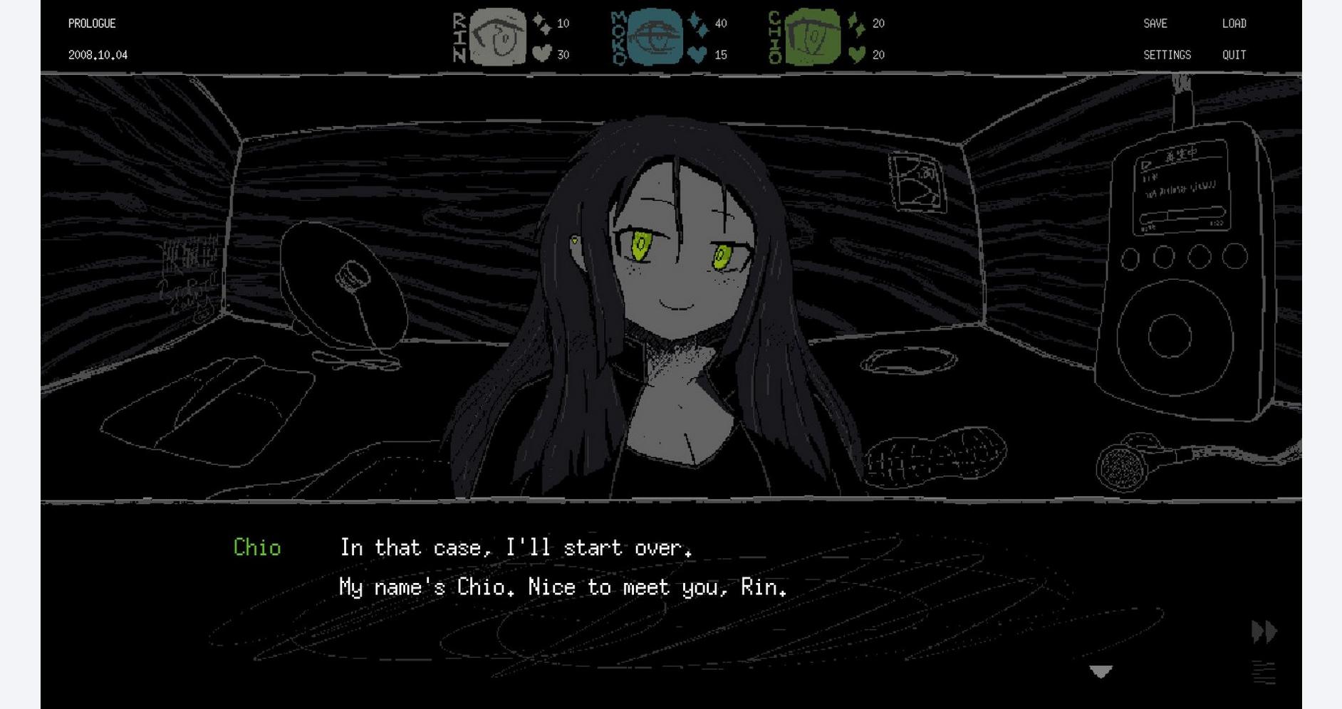 Virtual reality gaming character with green eyes in a dark room setting.