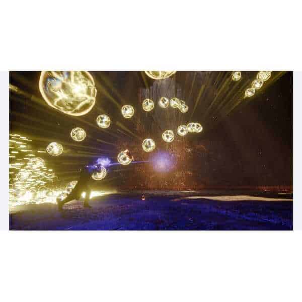 Dynamic cosmic scene with planets, meteors, and energy bursts in space.