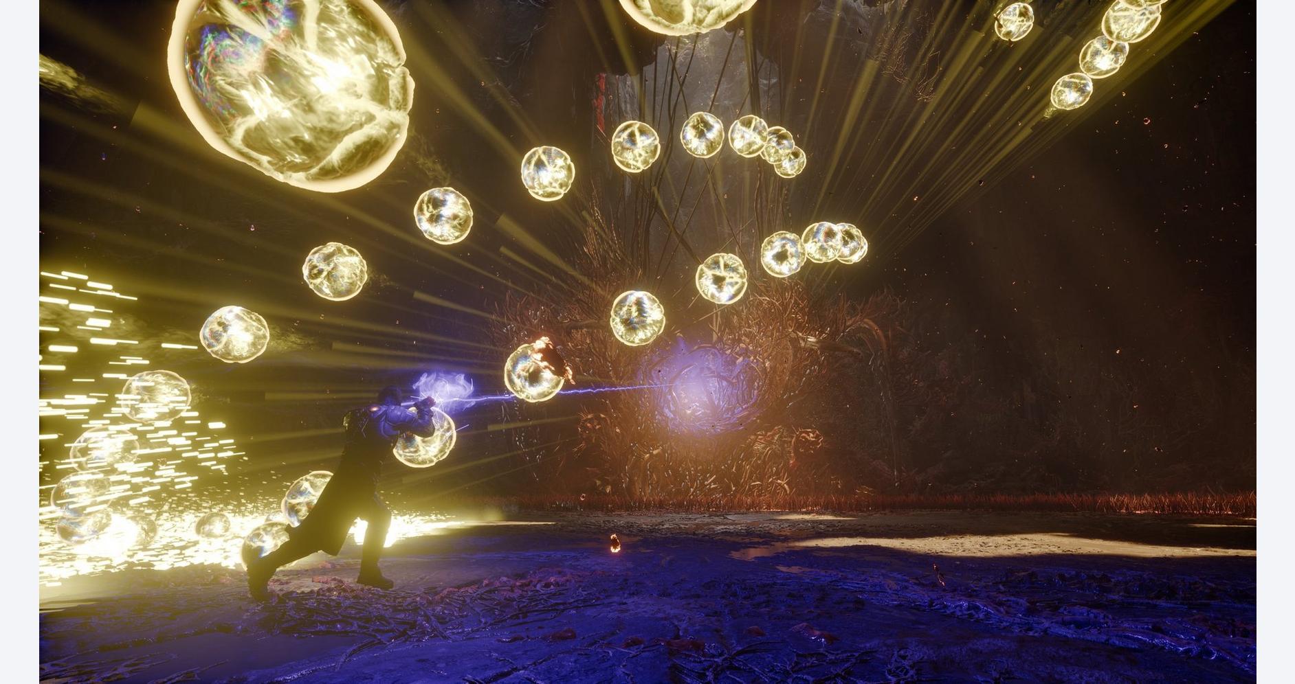 Dynamic cosmic scene with planets, meteors, and energy bursts in space.