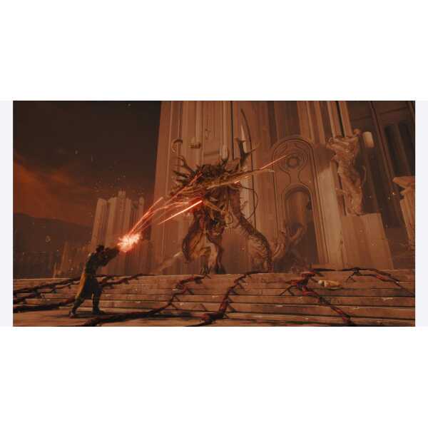 An intense battle scene from SAROS featuring a hero fighting a giant, fiery creature in a grand arch.