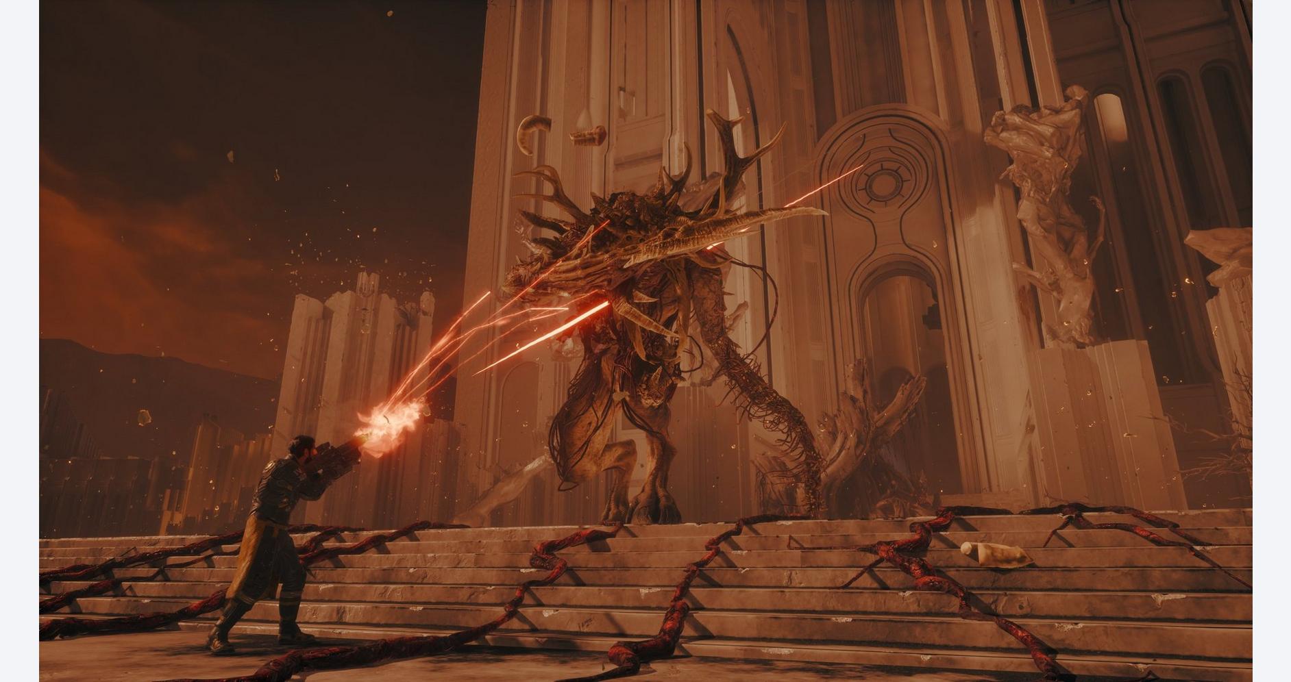 An intense battle scene from SAROS featuring a hero fighting a giant, fiery creature in a grand arch.