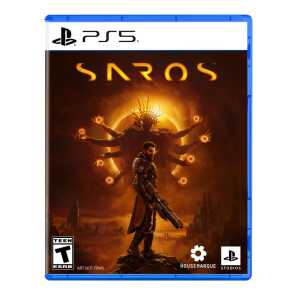 Saros game cover with a warrior and fiery background, emphasizing action and adventure.