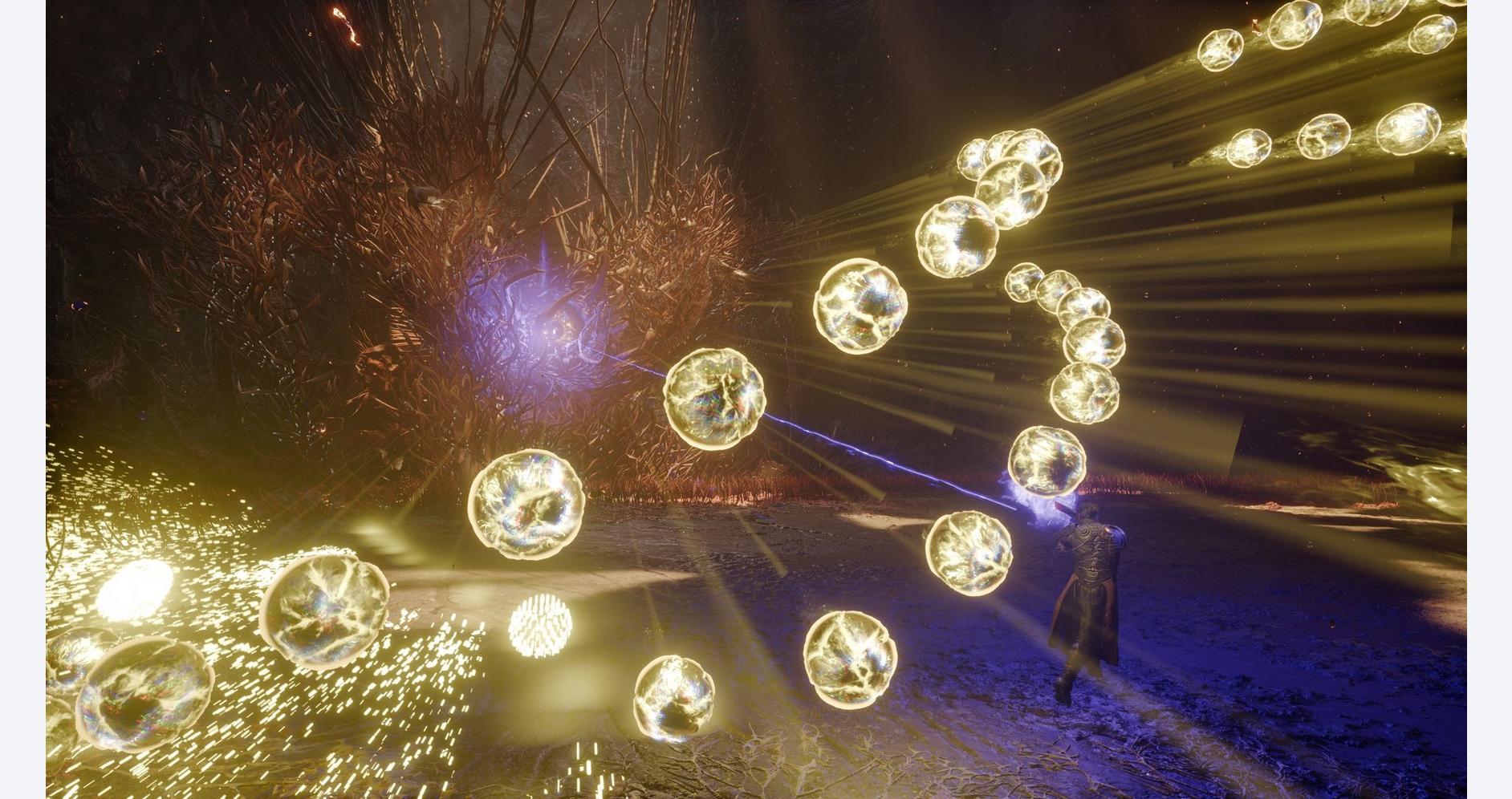 Dynamic light installation with orbs and laser effects at SAROS event.