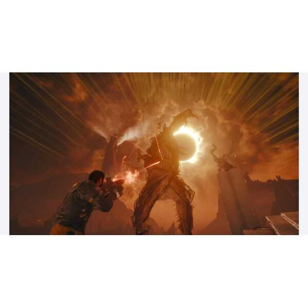 Intense scene of a soldier fighting a massive, fiery creature during a dramatic sunset.
