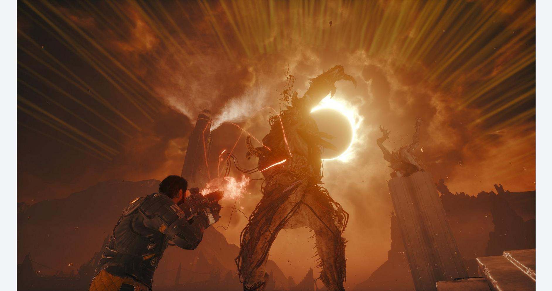 Intense scene of a soldier fighting a massive, fiery creature during a dramatic sunset.