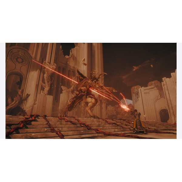 Epic battle scene from SAROS game showing a giant creature attacking a hero.