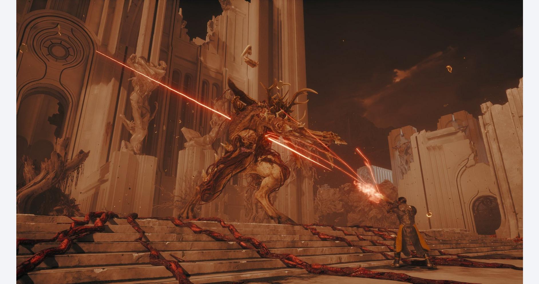 Epic battle scene from SAROS game showing a giant creature attacking a hero.