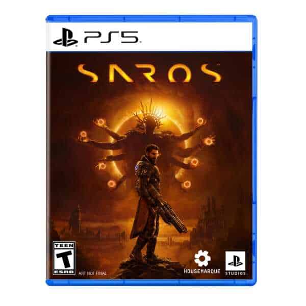 Saros game cover with a warrior and fiery background, emphasizing action and adventure.