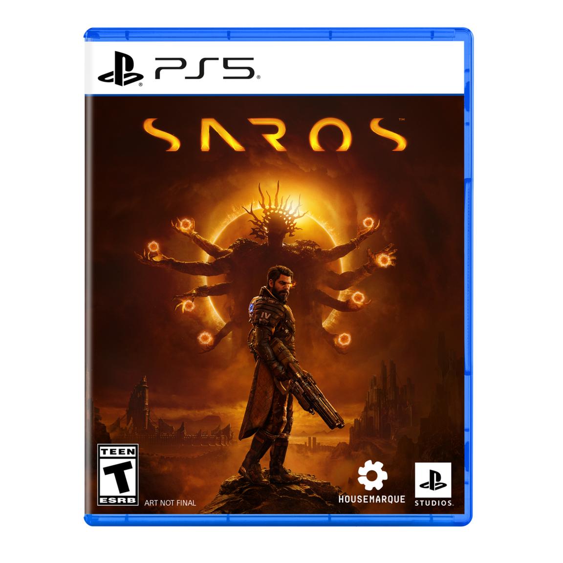 Saros game cover with a warrior and fiery background, emphasizing action and adventure.