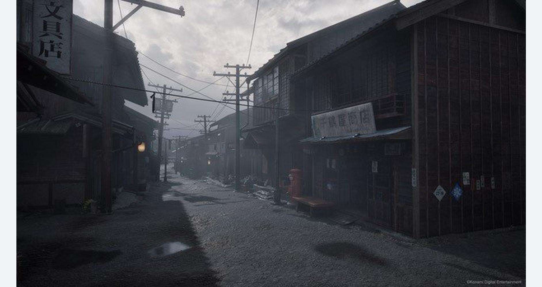 Eerie street scene from Silent Hill f with foggy, abandoned buildings.