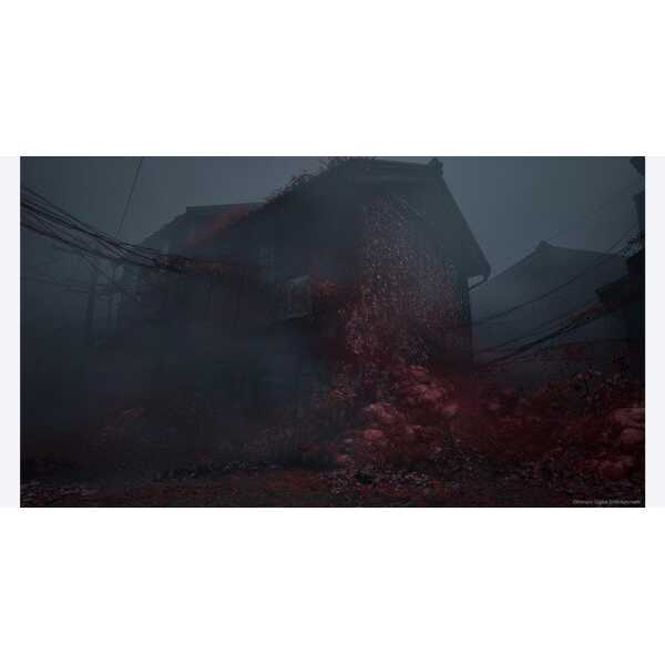 Creepy house in foggy environment from Silent Hill f game.