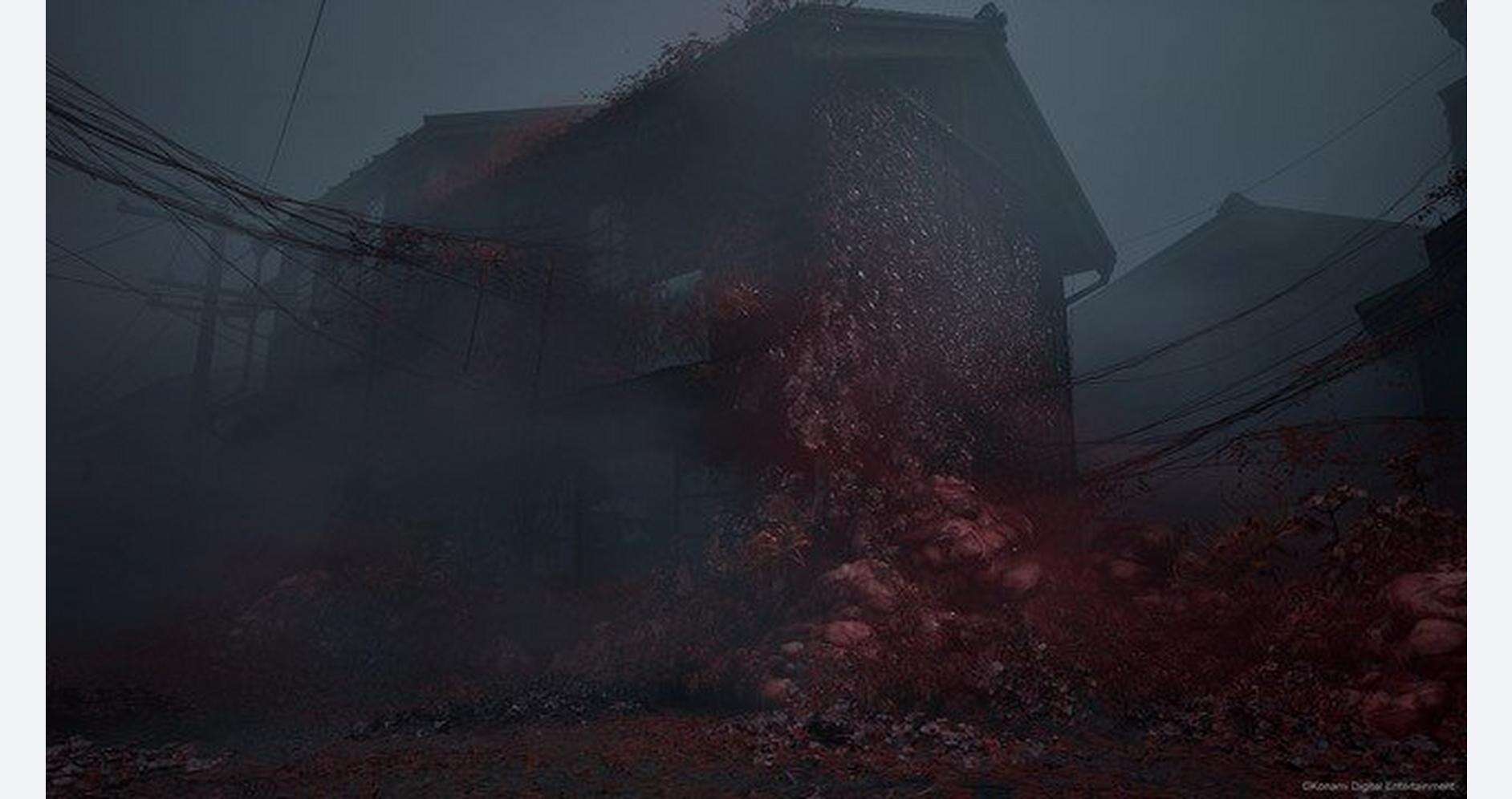 Creepy house in foggy environment from Silent Hill f game.