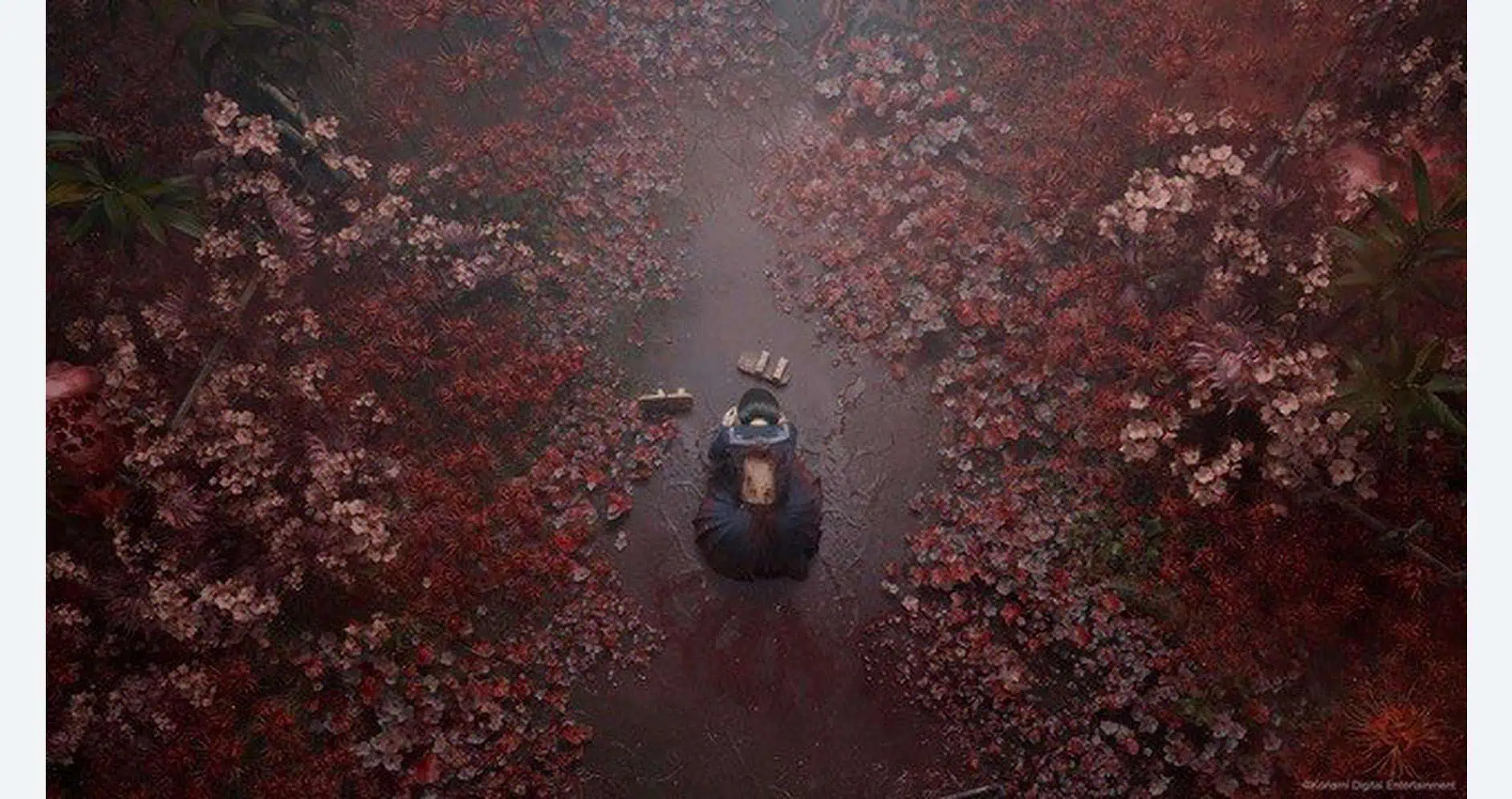 Surreal forest scene from Silent Hill f with eerie pink and red foliage surrounding a lone figure.