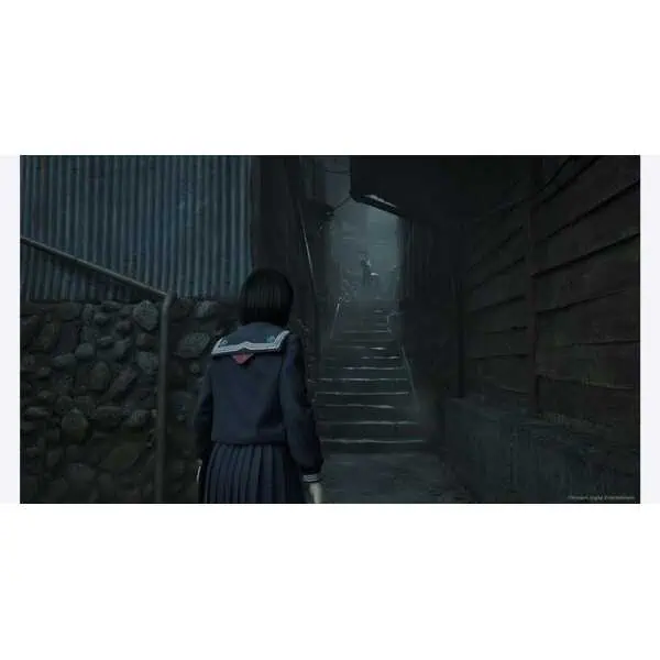 Eerie scene from Silent Hill f with a girl facing dark, foggy stairs.
