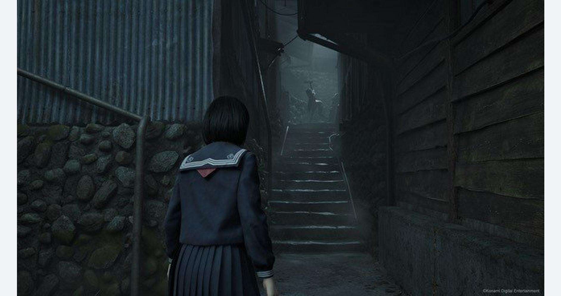 Eerie scene from Silent Hill f with a girl facing dark, foggy stairs.
