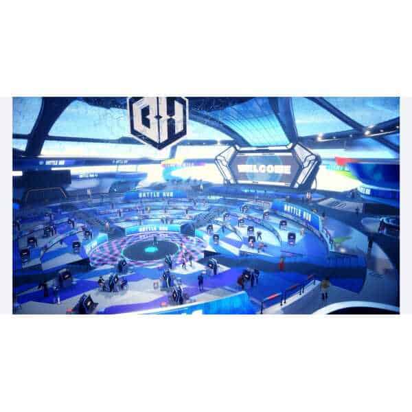 Futuristic gaming arena for Street Fighter 6 Fighters Edition event.