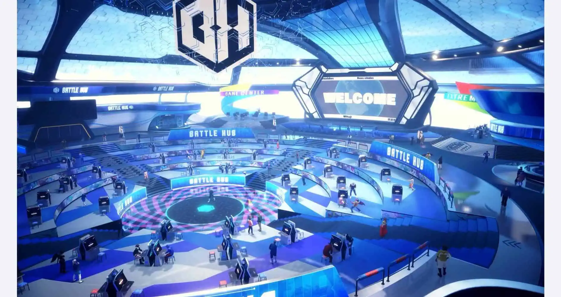 Futuristic gaming arena for Street Fighter 6 Fighters Edition event.