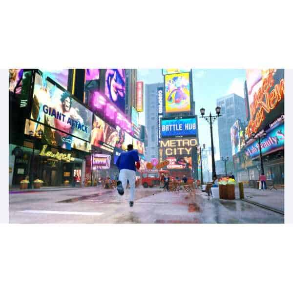 Vibrant city scene with digital billboards and a runner in Times Square.