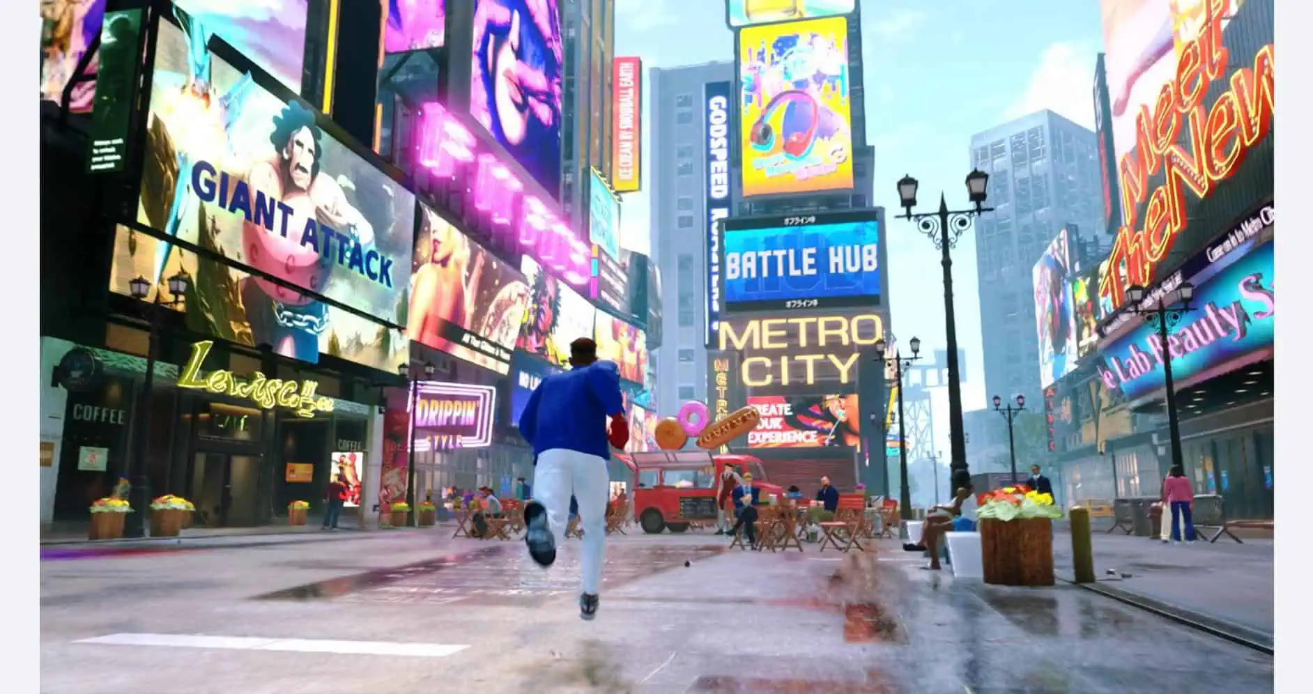 Vibrant city scene with digital billboards and a runner in Times Square.