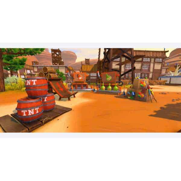 TNT barrels and colorful supplies in a vibrant, animated game setting.