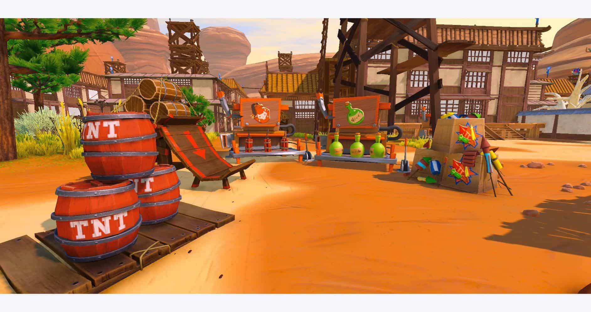 TNT barrels and colorful supplies in a vibrant, animated game setting.