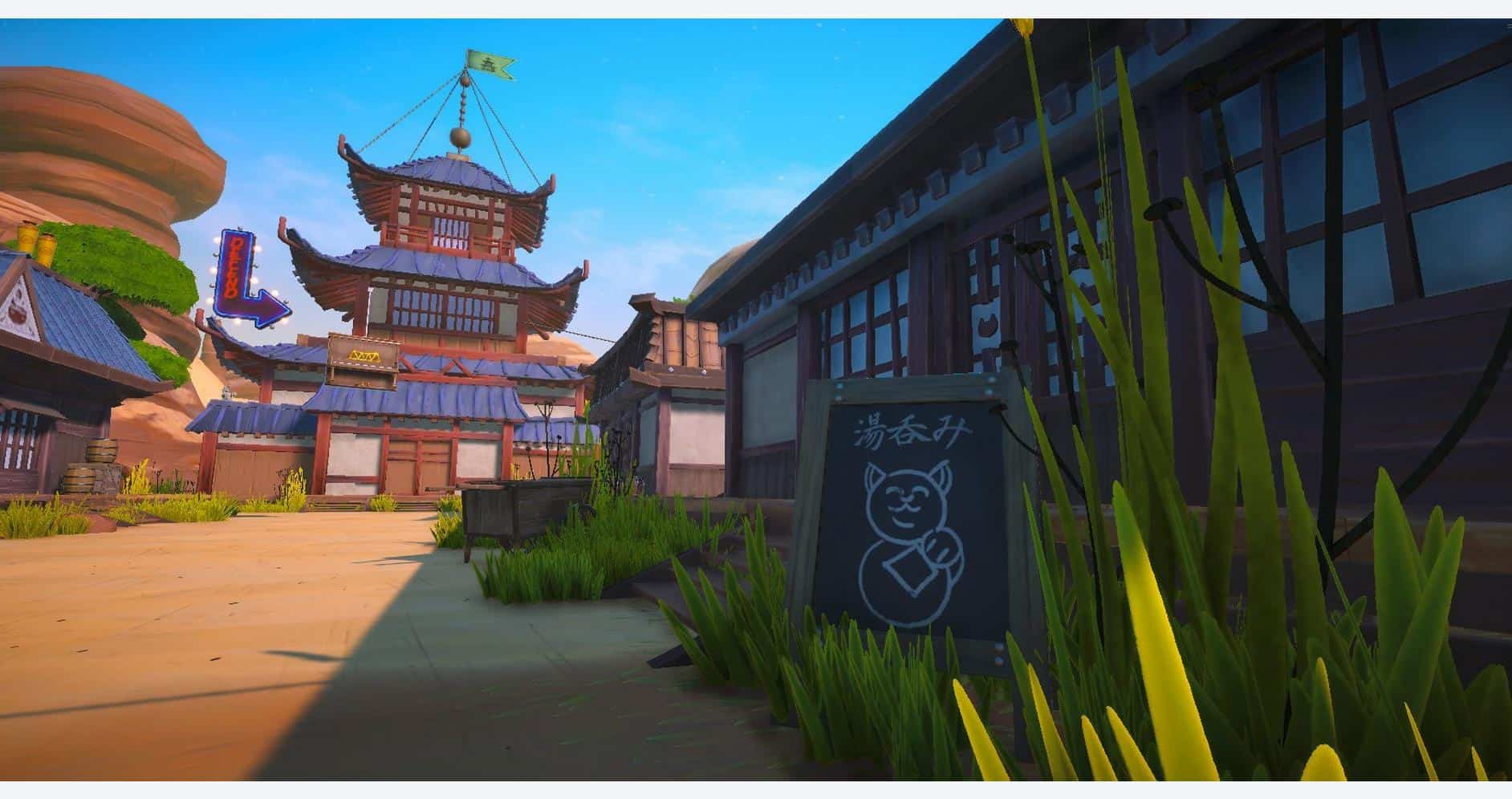 Vibrant game scene of Samurai Academy from Paws of Fury with traditional architecture.