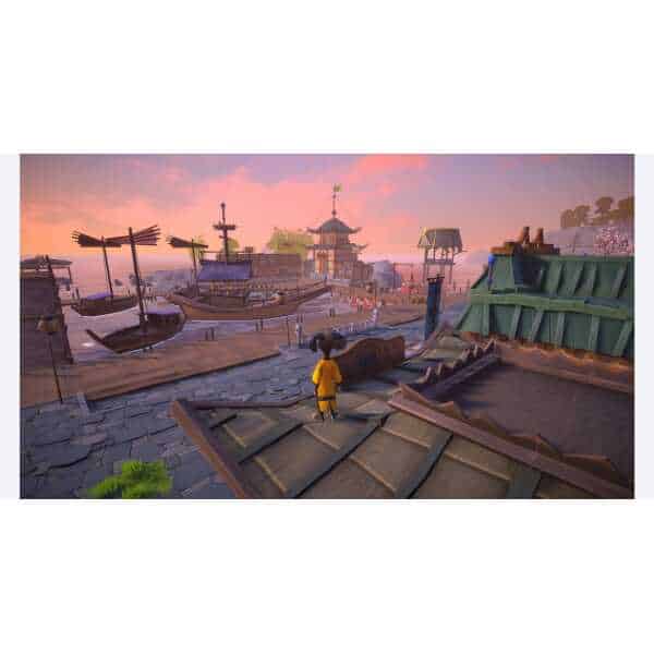 Samurai character overlooking harbor in Paws of Fury game scene.