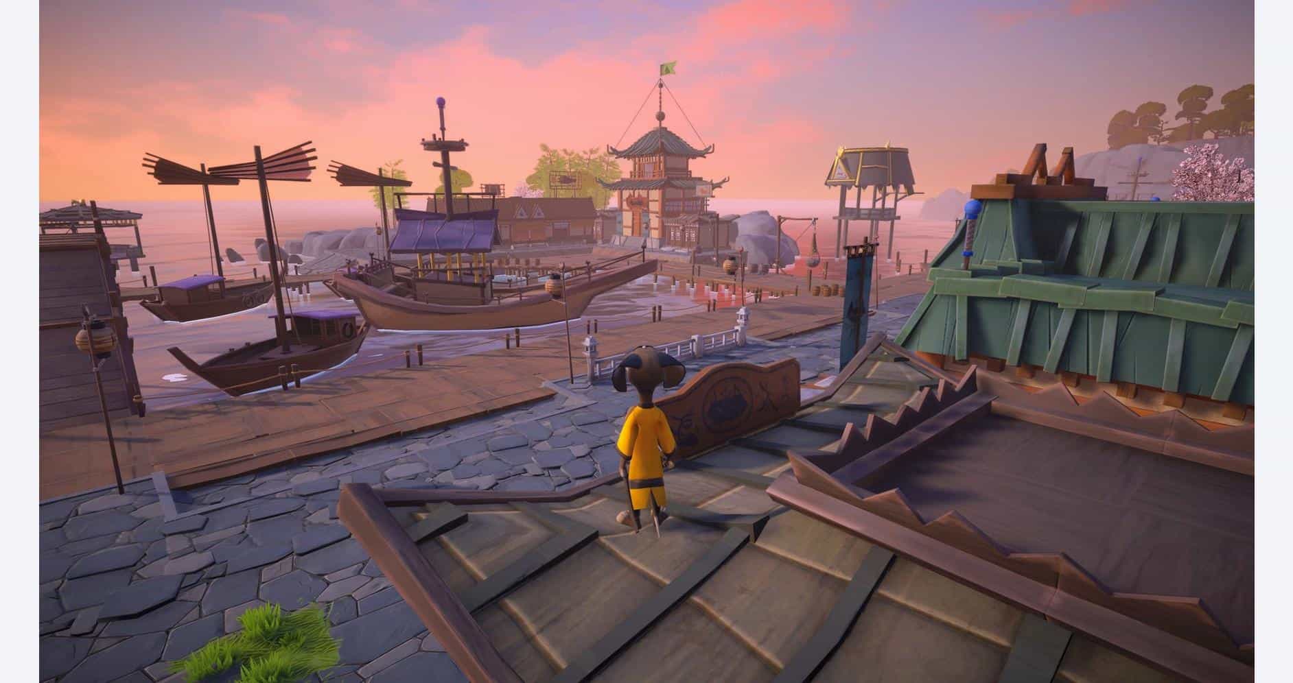 Samurai character overlooking harbor in Paws of Fury game scene.