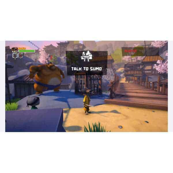 In-game scene from Samurai Academy: Paws of Fury showing a character talking to Sumo.