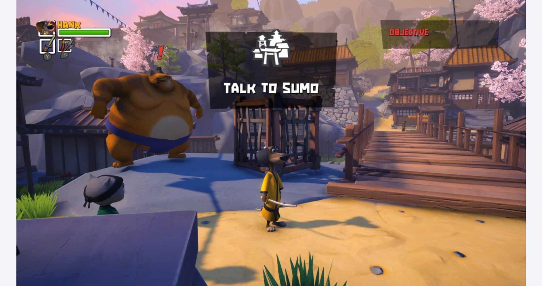 In-game scene from Samurai Academy: Paws of Fury showing a character talking to Sumo.