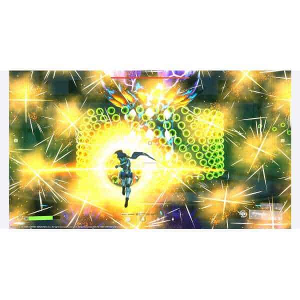 High-energy gaming scene with vibrant lights and a character in action.