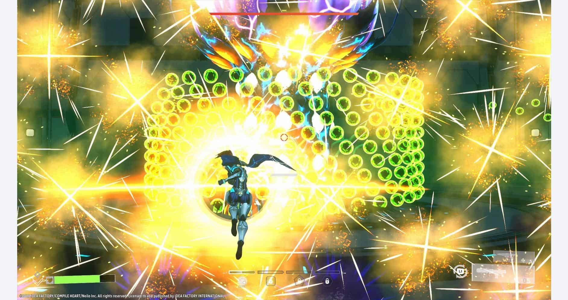 High-energy gaming scene with vibrant lights and a character in action.