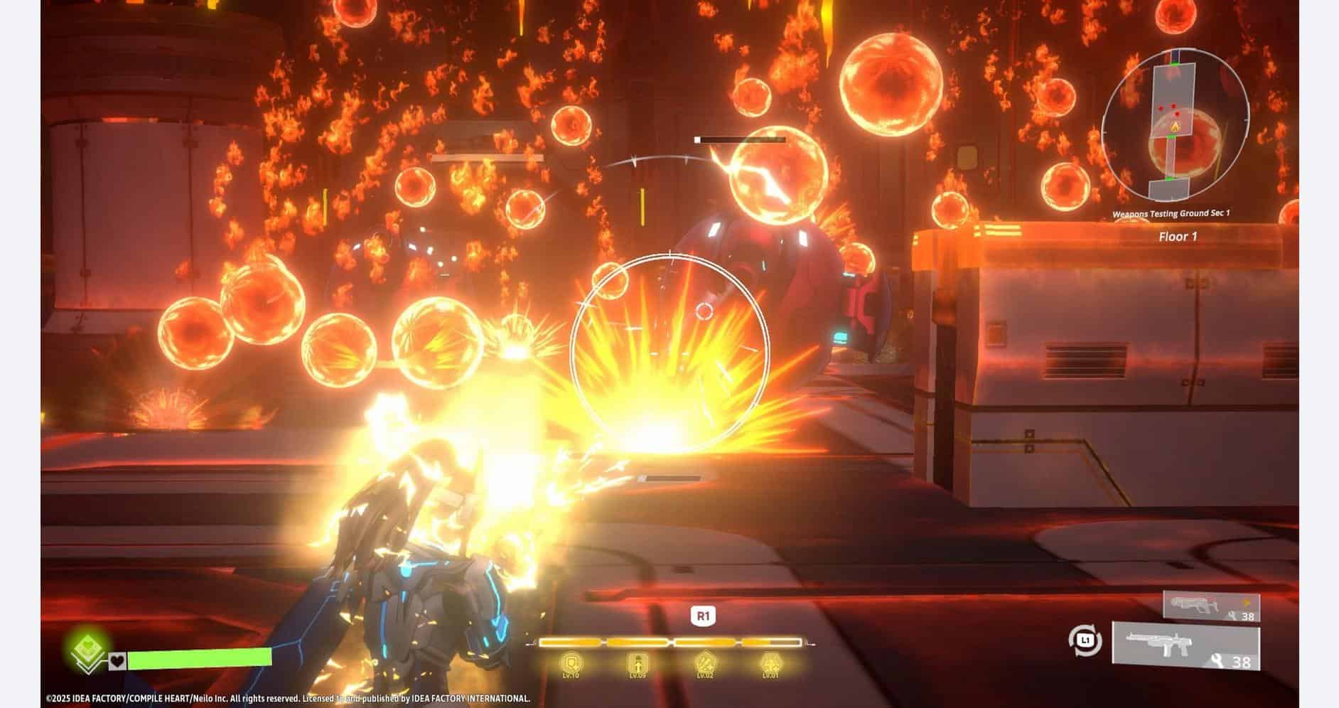 Gameplay screenshot of Scar-Lead Salvation showing intense combat with explosions and fiery effects.