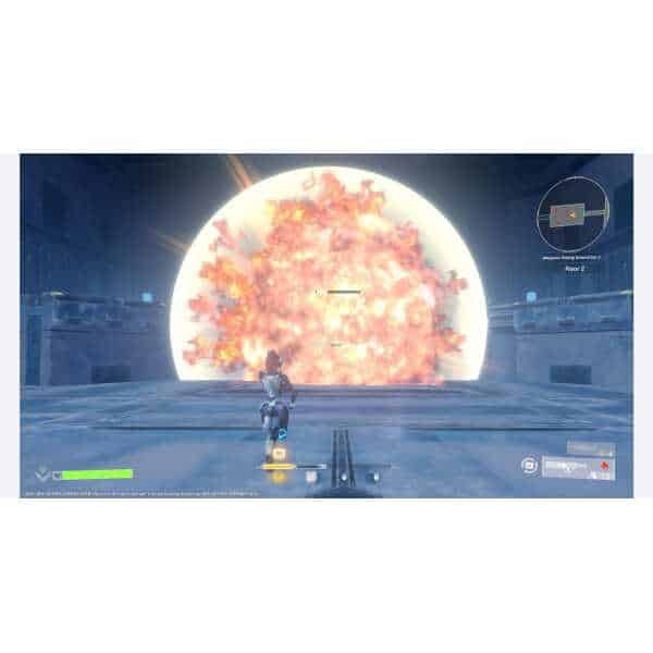 Explosive portal in a sci-fi game scene with a character facing a fiery explosion.