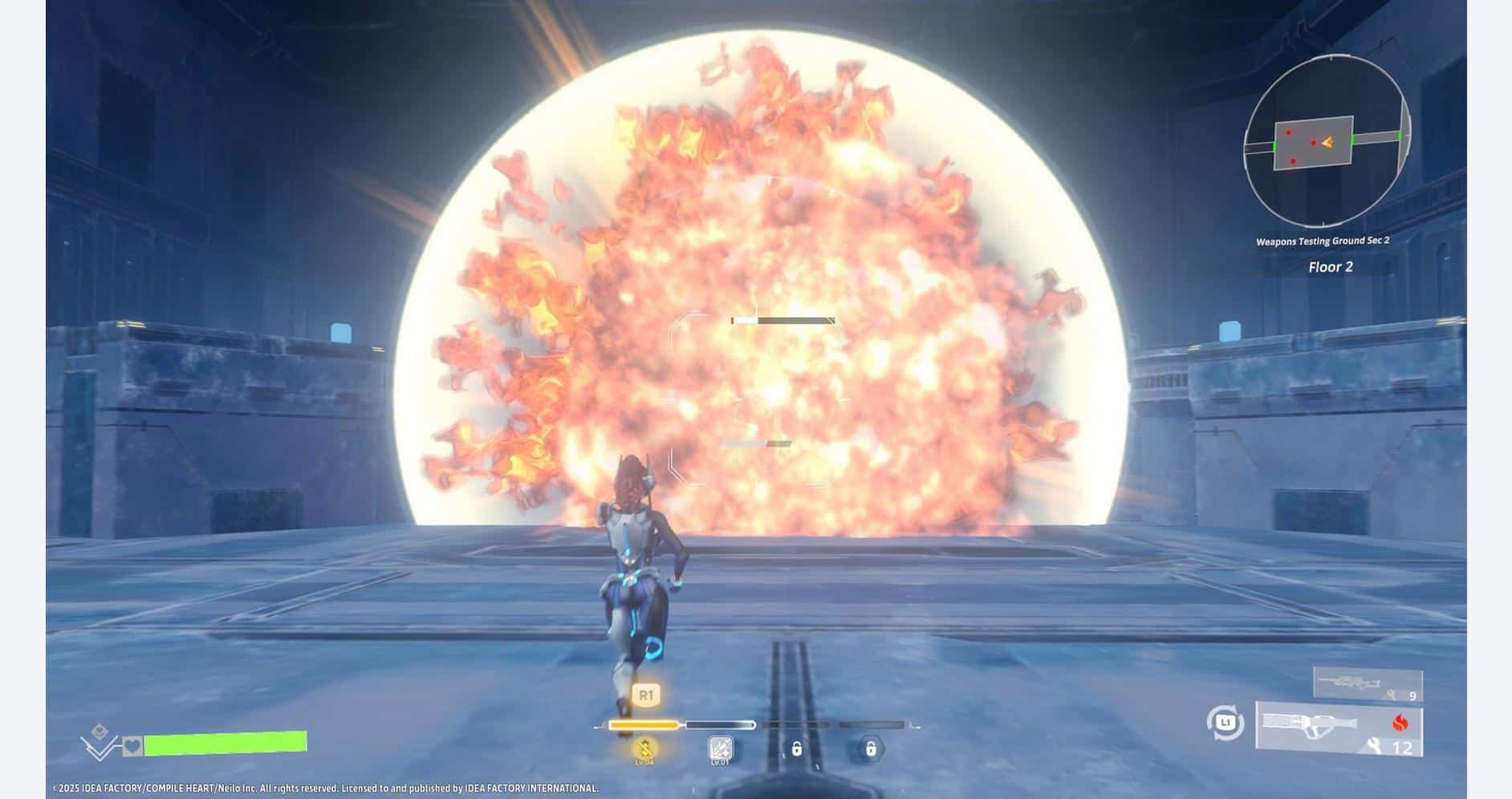Explosive portal in a sci-fi game scene with a character facing a fiery explosion.