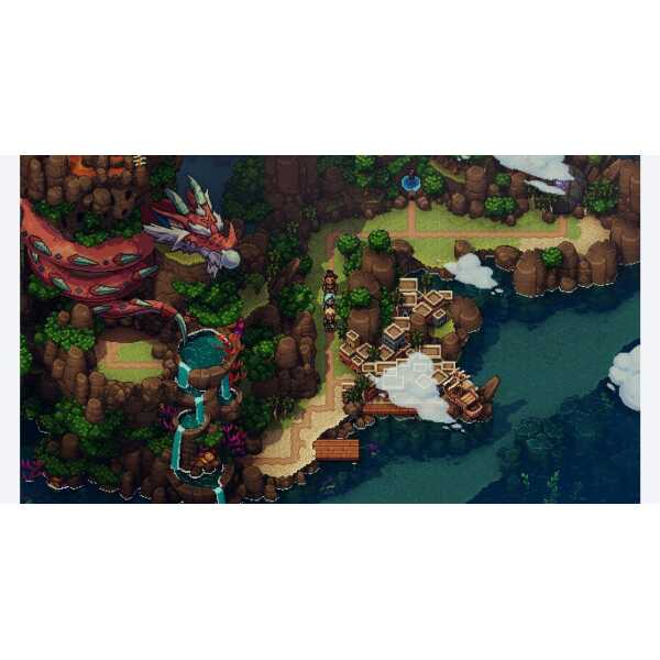 A vibrant pixel art scene from a fantasy game featuring a dragon, lush greenery, and a river with a.