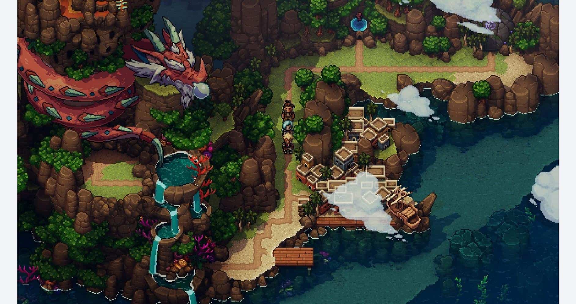 A vibrant pixel art scene from a fantasy game featuring a dragon, lush greenery, and a river with a.