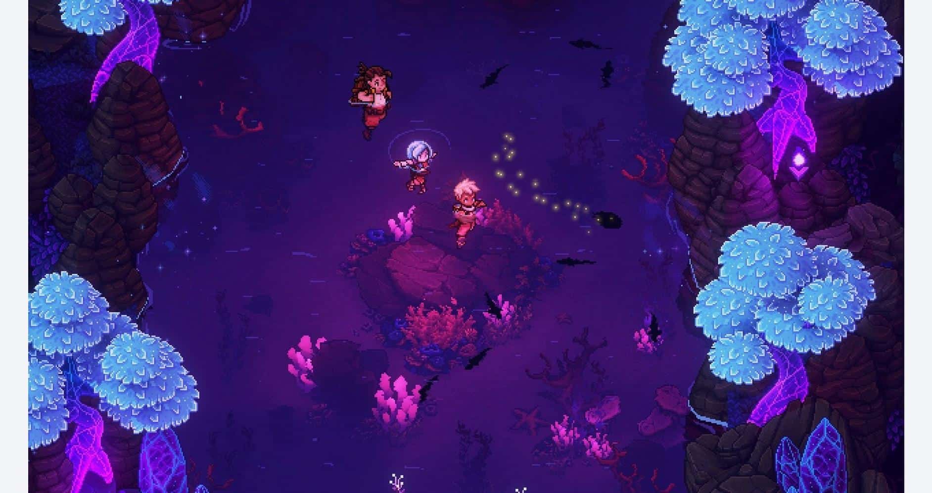 A vibrant, fantasy-themed game scene with glowing trees and characters exploring a mystical landscap.
